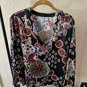 Natori Black Satin Paisley V-Neck Long Sleeve Top and Matching Pant